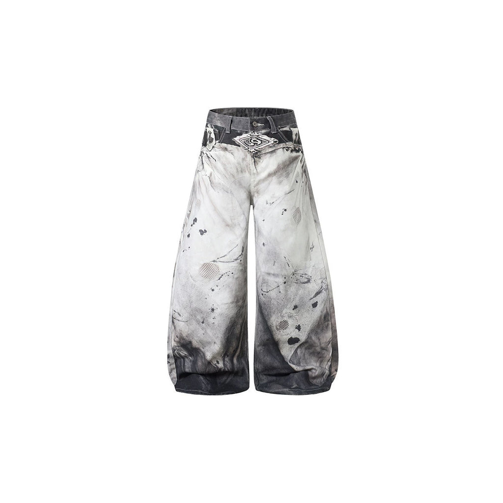 Ink-Splatter Wide-Leg Denim Pants