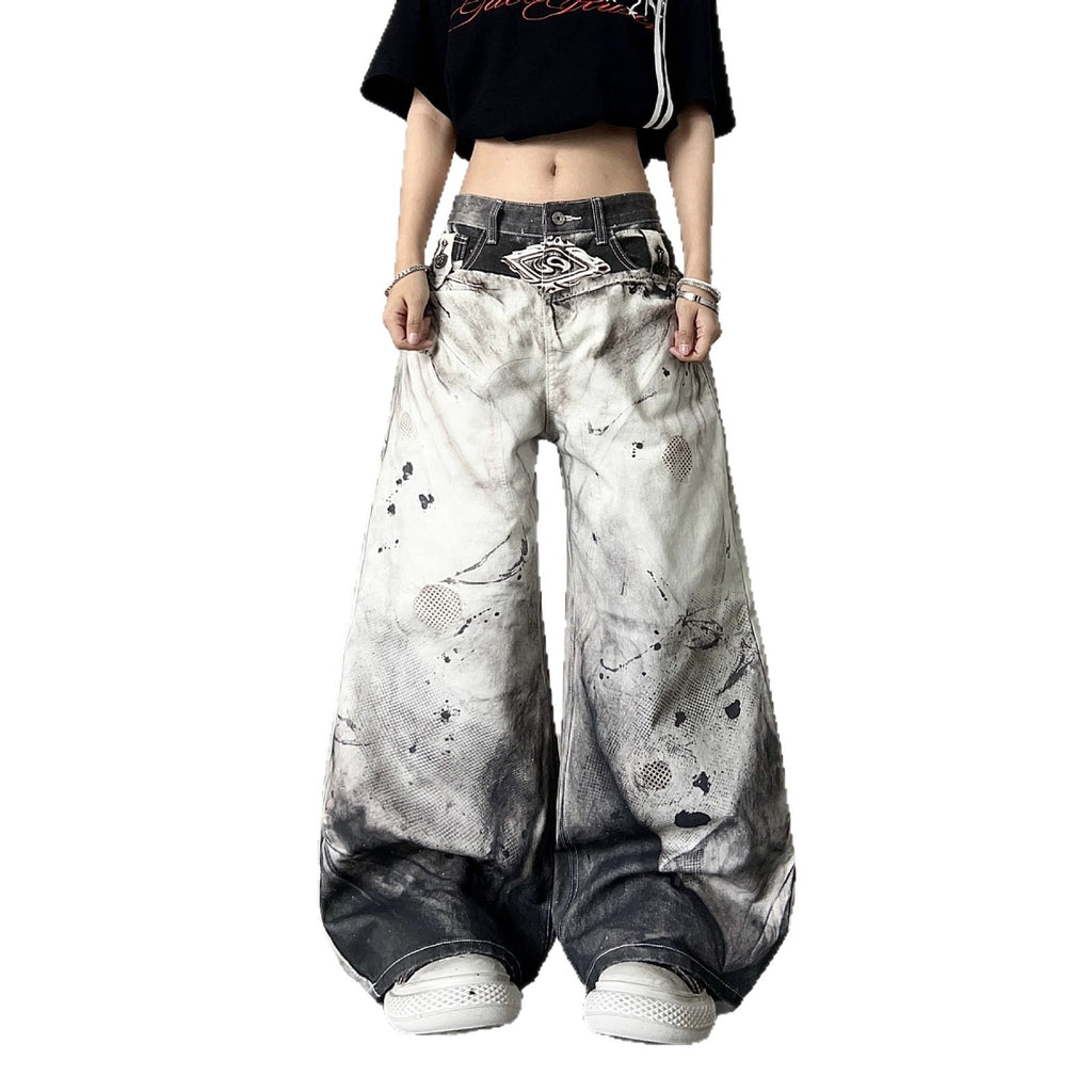 Ink-Splatter Wide-Leg Denim Pants
