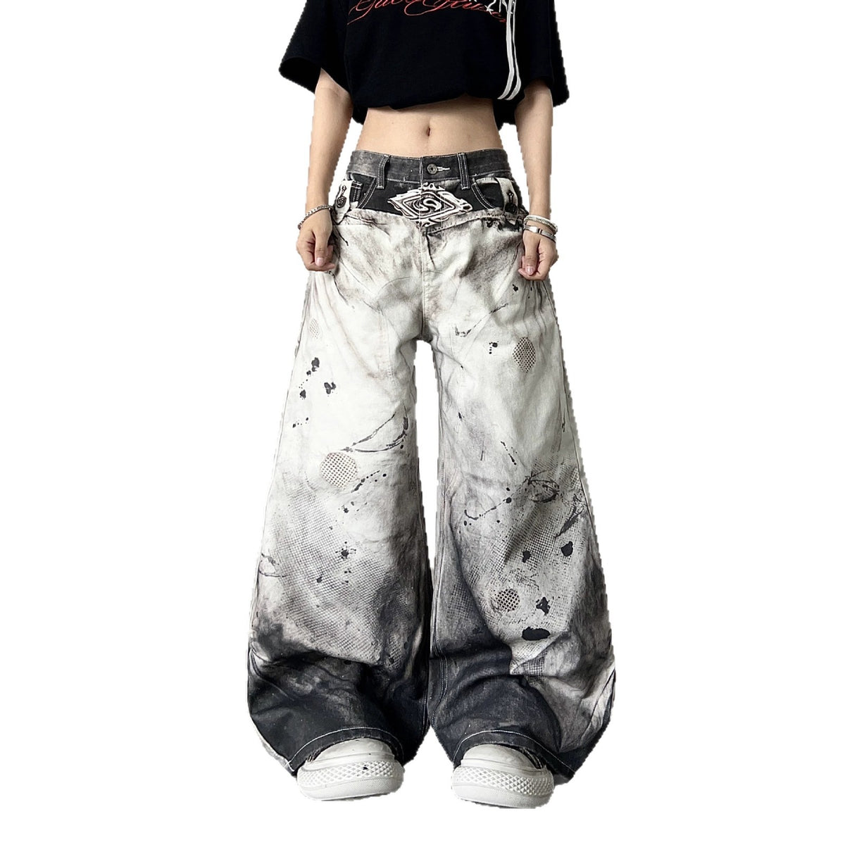 Ink-Splatter Wide-Leg Denim Pants
