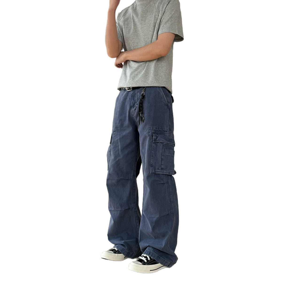 Washed Straight-Leg Drawstring Jeans