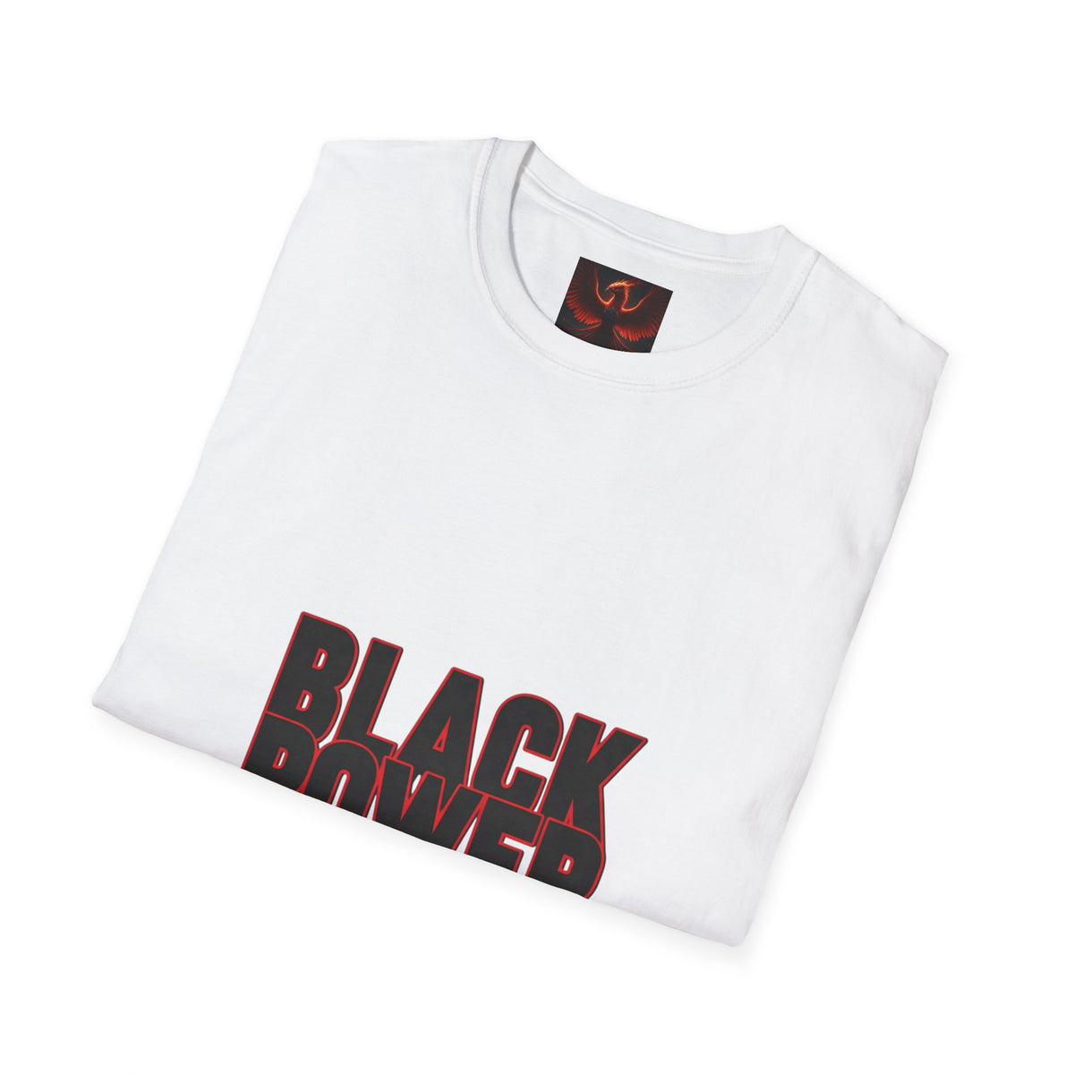 A folded white t-shirt with a bold 'BLACK POWER' graphic printed on the front in black with a red outline. The shirt is displayed on a clean white background.