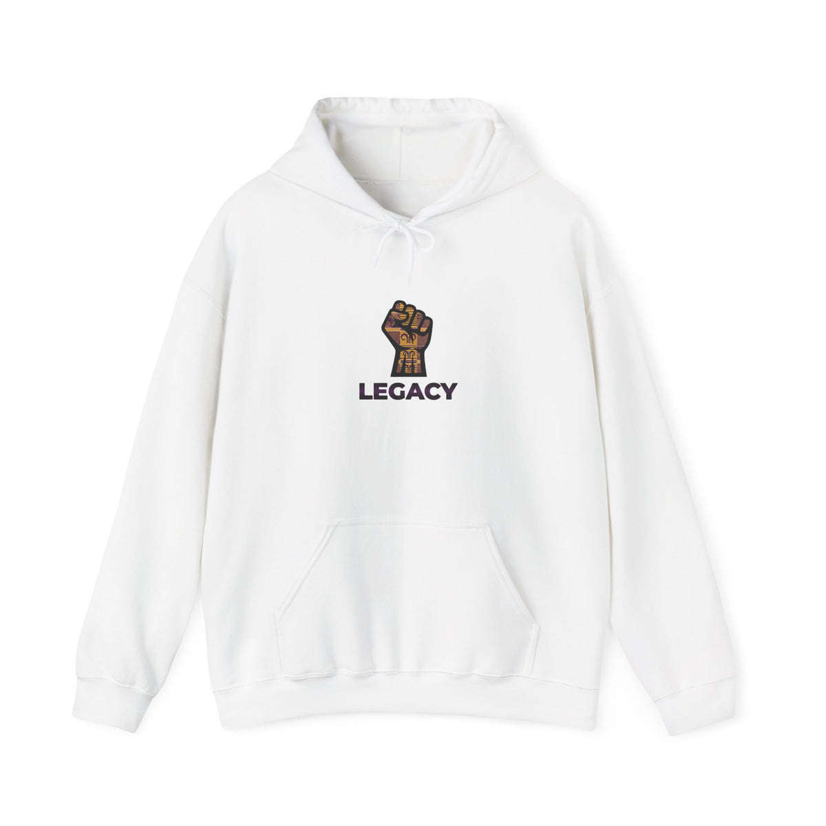 A white pullover hoodie with a front kangaroo pocket and a central graphic of a raised fist above the word 'LEGACY' in dark purple text, shown on a plain white background.