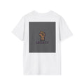A white short-sleeve crewneck t-shirt featuring a dark gray square graphic on the chest with a raised fist illustration and the word 'LEGACY' printed below it.