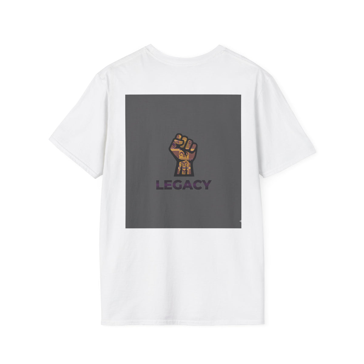 A white short-sleeve crewneck t-shirt featuring a dark gray square graphic on the chest with a raised fist illustration and the word 'LEGACY' printed below it.