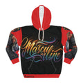 A black and red pullover hoodie with a colorful 'Masculine' script graphic across the front, illustrated arm graphics on the sleeves, a white hood lining, and 'Phoenix' printed near the bottom hem, shown on a plain white background.