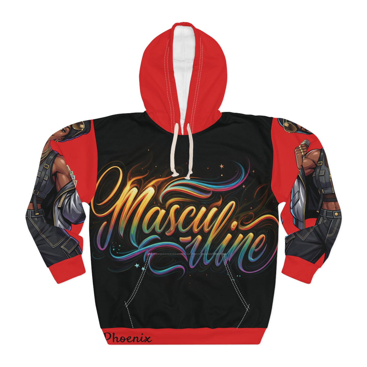 A black and red pullover hoodie with a colorful 'Masculine' script graphic across the front, illustrated arm graphics on the sleeves, a white hood lining, and 'Phoenix' printed near the bottom hem, shown on a plain white background.
