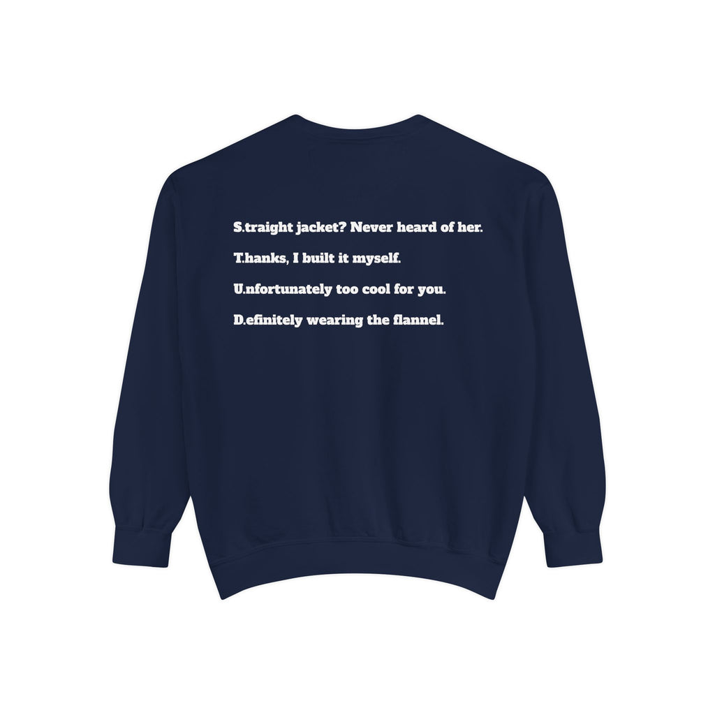 A navy blue crewneck sweatshirt with white printed text on the back, displayed against a solid white background.