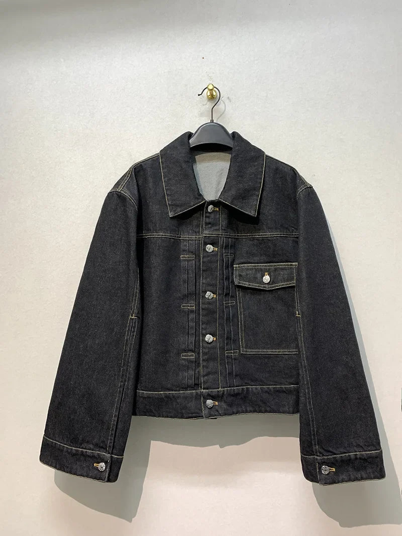 Vintage Turn-Down Collar Denim Jacket — Women's Loose Fit