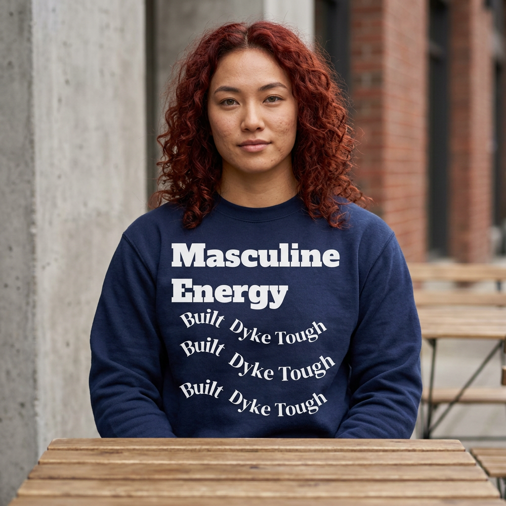 A woman with curly red hair wearing a navy blue crewneck sweatshirt with white text that reads 'Masculine Energy' and 'Built Dyke Tough' repeated, sitting at a wooden table in an outdoor patio setting.