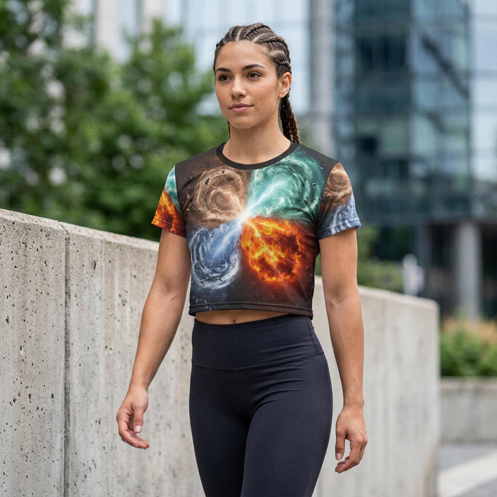 Elemental Energy Crop Tee — Fire, Water, Earth & Air All-Over Print