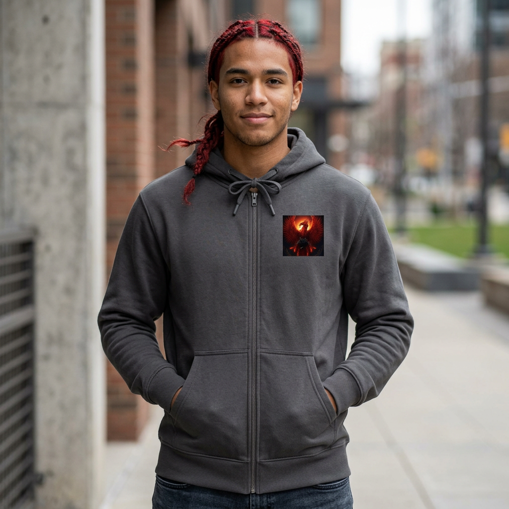 Dark Grey Full-Zip Hoodie with Small Chest Graphic — Fiery Skull & Text Designs