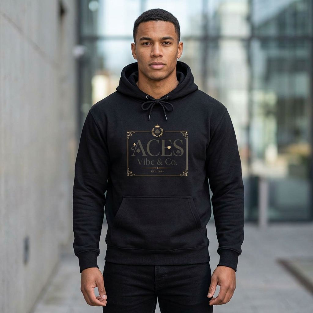 Aces Vibe & Co. Stencil Hoodie — Black Minimalist Logo Pullover