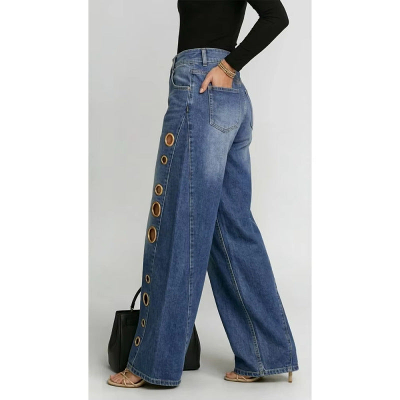 Metal Eyelet High-Waist Wide-Leg Jeans