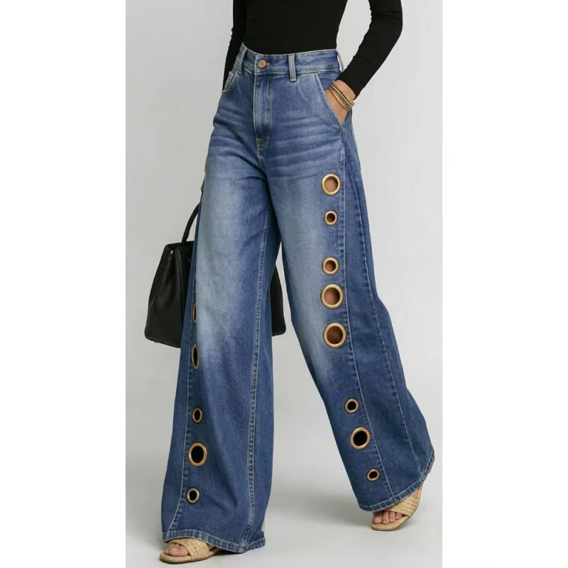 Metal Eyelet High-Waist Wide-Leg Jeans