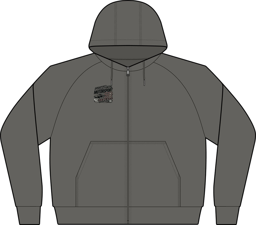 Dark Grey Full-Zip Hoodie with Small Chest Graphic — Fiery Skull & Text Designs