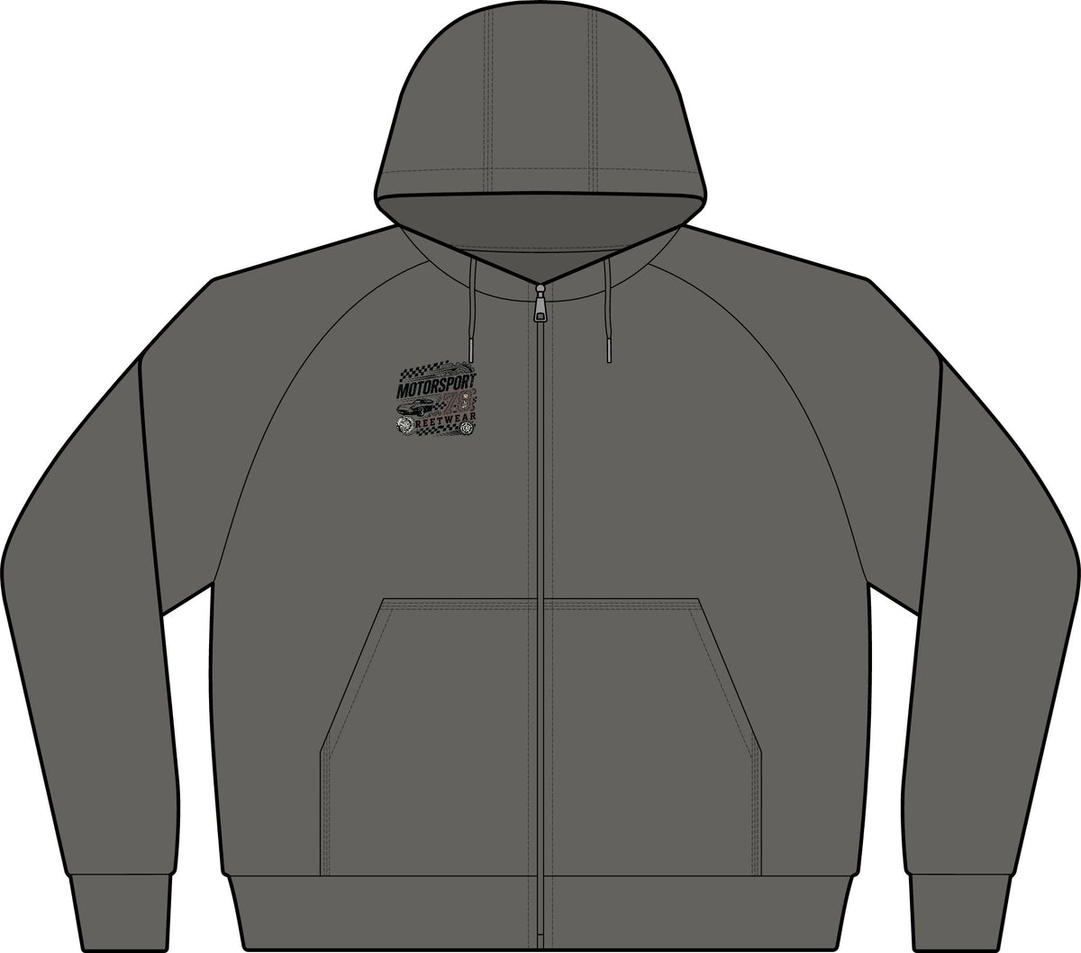 Dark Grey Full-Zip Hoodie with Small Chest Graphic — Fiery Skull & Text Designs