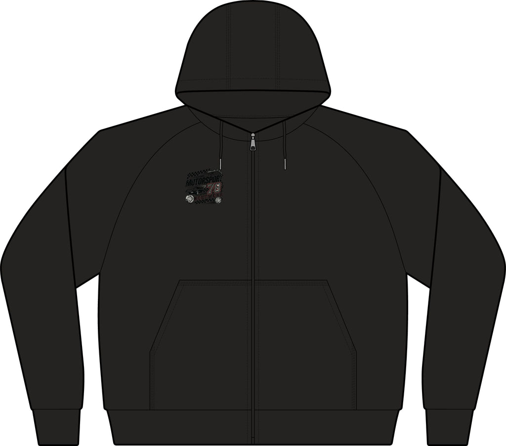 Dark Grey Full-Zip Hoodie with Small Chest Graphic — Fiery Skull & Text Designs