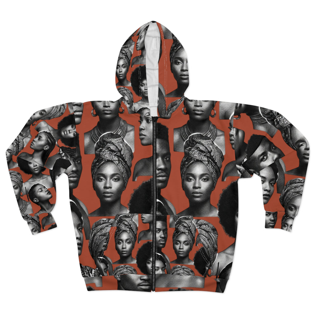 Afrocentric Faces Zip Hoodie — Black Excellence All-Over Print