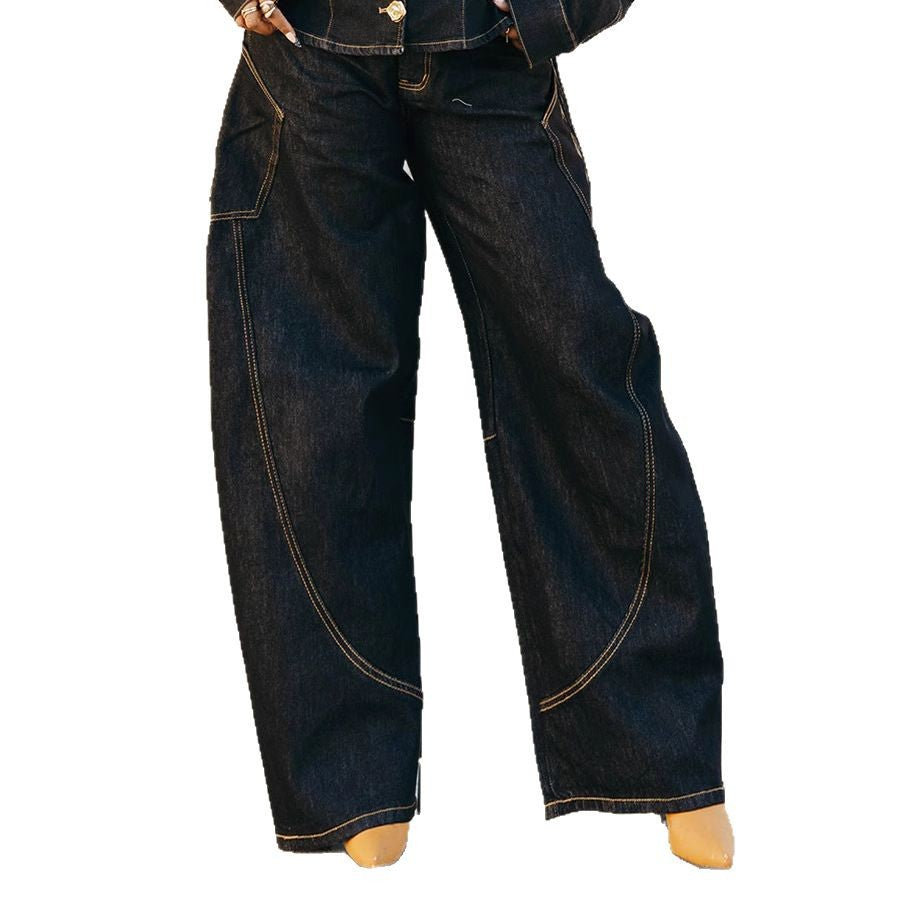 Curved-Hem Stitched Denim Pants
