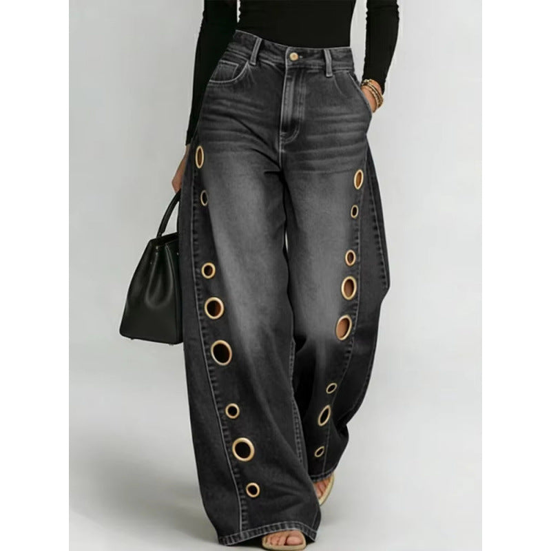 Metal Eyelet High-Waist Wide-Leg Jeans