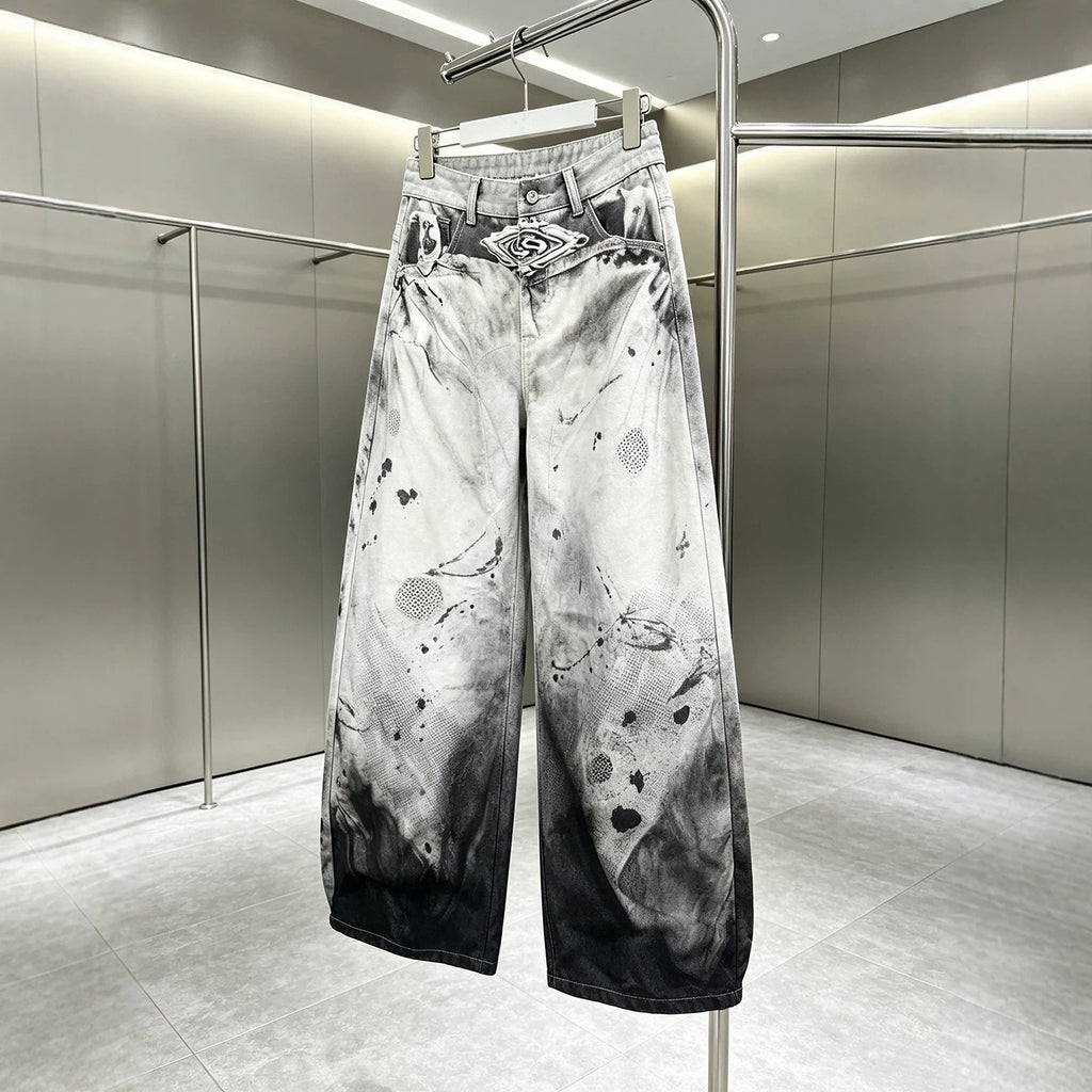 Ink-Splatter Wide-Leg Denim Pants