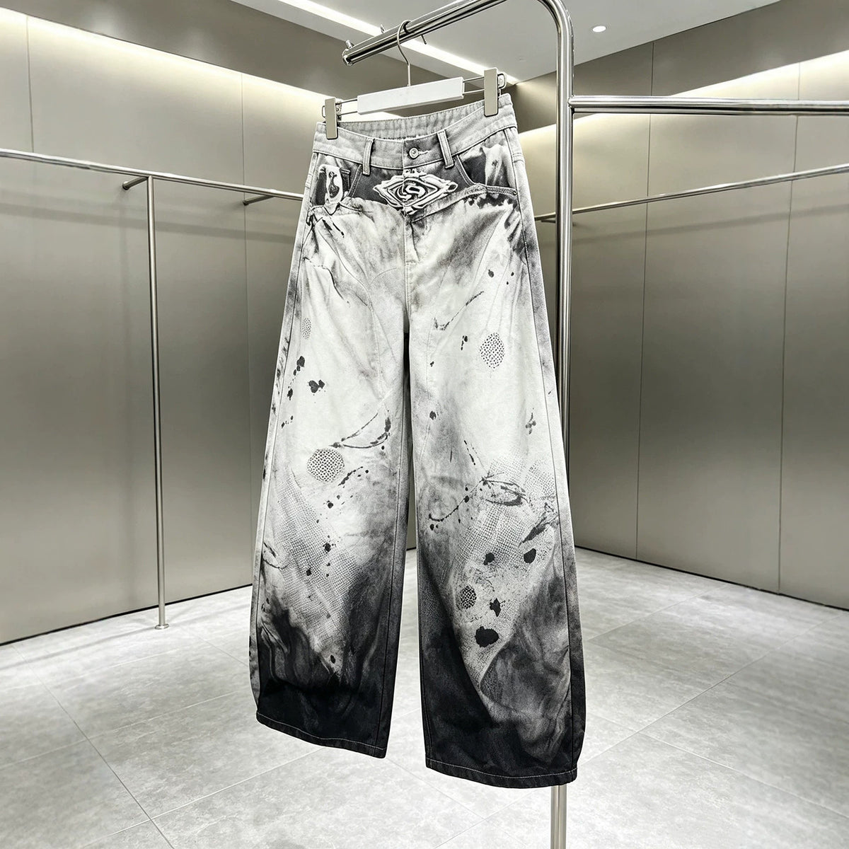 Ink-Splatter Wide-Leg Denim Pants
