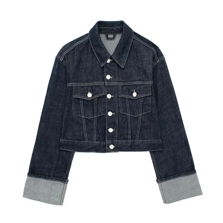 Hemming Sleeve Denim Set — Women's Cropped Jacket & Trousers