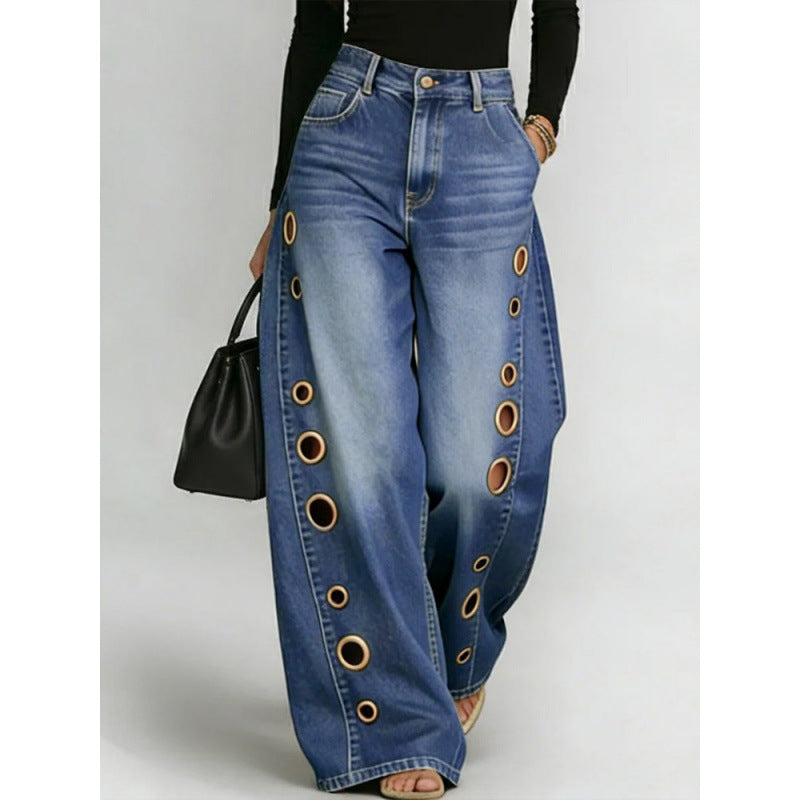 Metal Eyelet High-Waist Wide-Leg Jeans