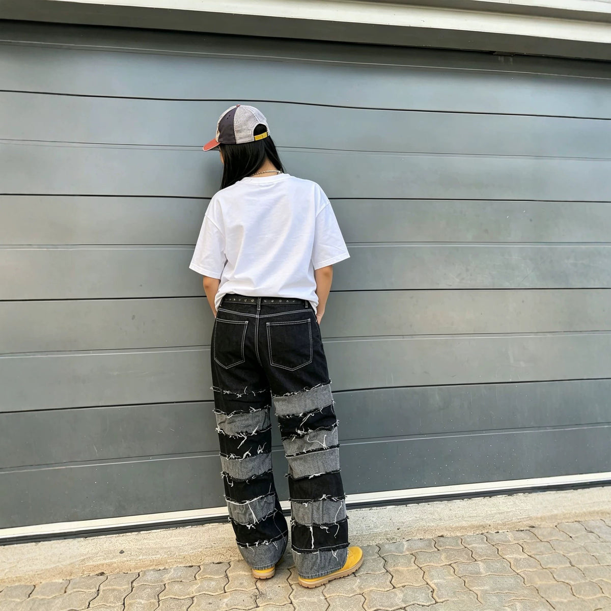 Deconstructed Patchwork Raw-Hem Jeans