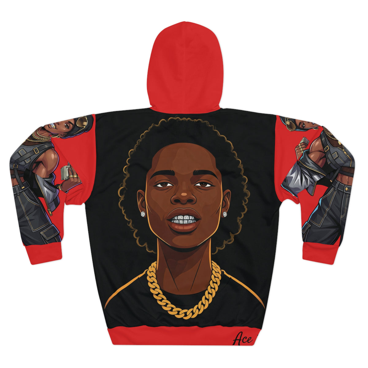 A black and red hoodie shown from the back, featuring a large illustrated portrait of a person with curly hair, a gold chain, and a blurred face overlay. The sleeves and hood are red, and there is a small 'Ace' signature near the bottom right.