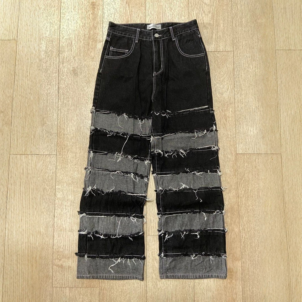 Deconstructed Patchwork Raw-Hem Jeans