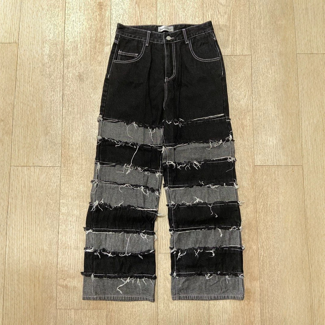 Deconstructed Patchwork Raw-Hem Jeans