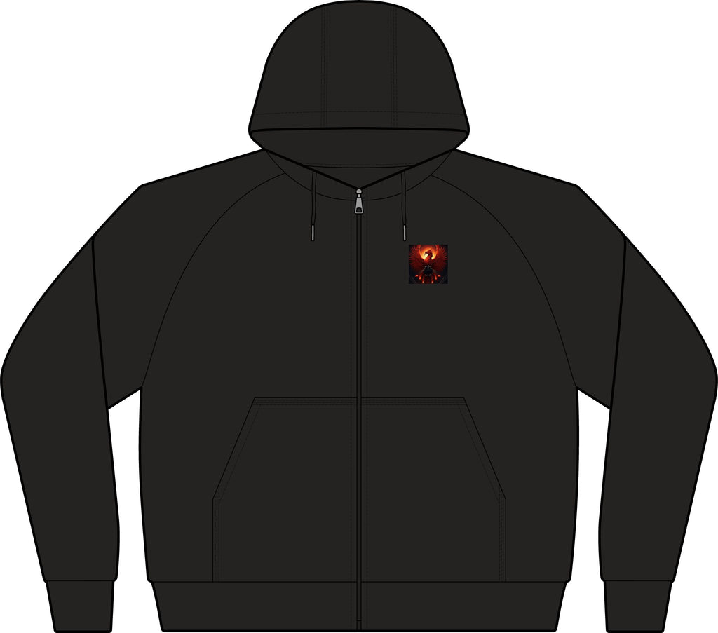 Dark Grey Full-Zip Hoodie with Small Chest Graphic — Fiery Skull & Text Designs