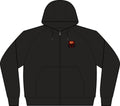 Dark Grey Full-Zip Hoodie with Small Chest Graphic — Fiery Skull & Text Designs