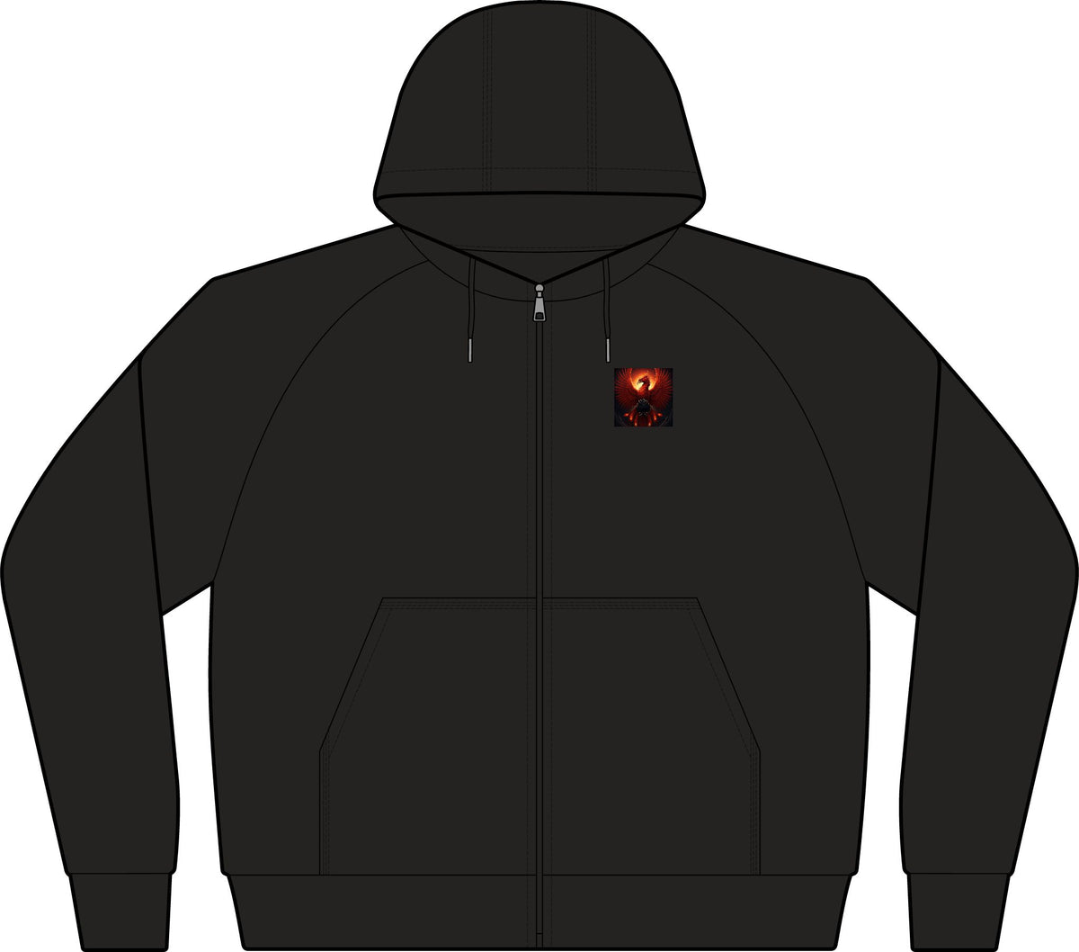 Dark Grey Full-Zip Hoodie with Small Chest Graphic — Fiery Skull & Text Designs