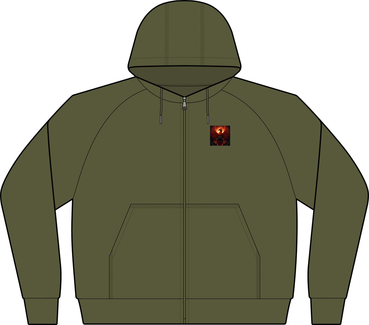Dark Grey Full-Zip Hoodie with Small Chest Graphic — Fiery Skull & Text Designs