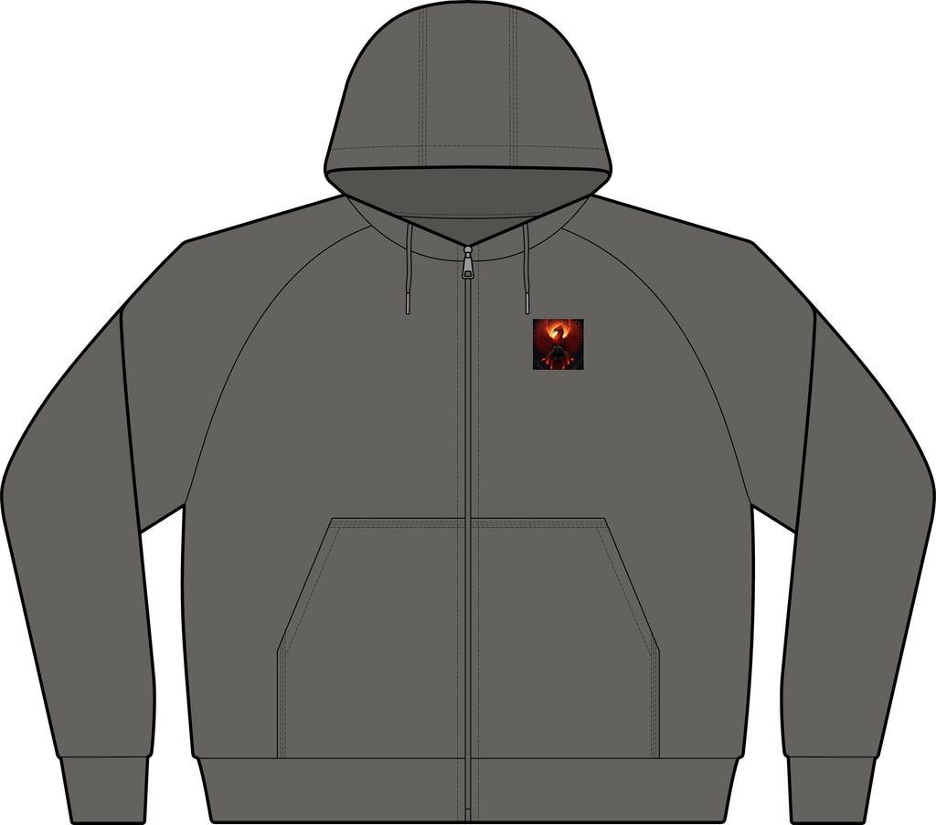 Dark Grey Full-Zip Hoodie with Small Chest Graphic — Fiery Skull & Text Designs