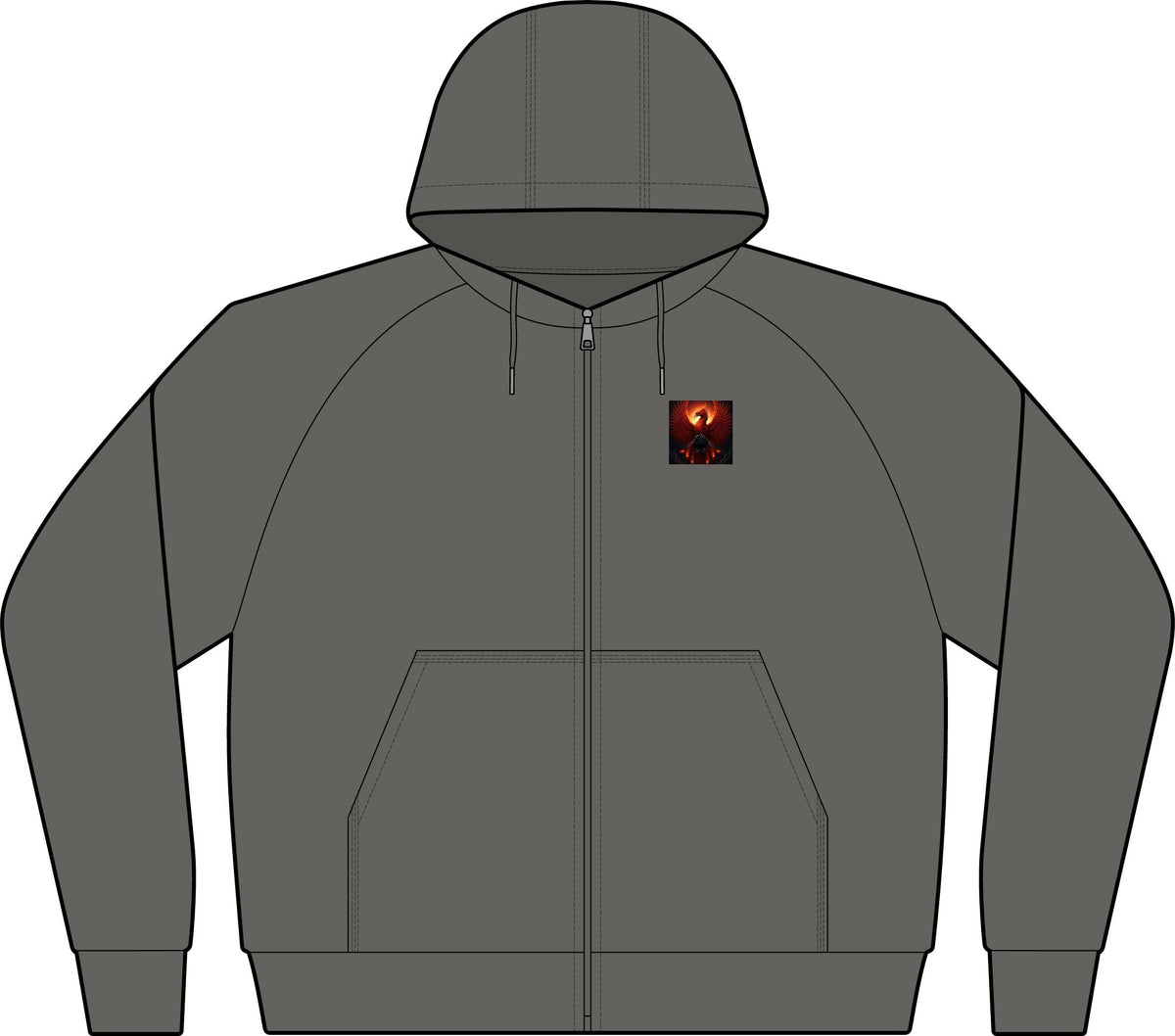Dark Grey Full-Zip Hoodie with Small Chest Graphic — Fiery Skull & Text Designs