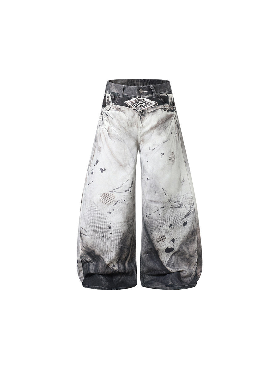 Ink-Splatter Wide-Leg Denim Pants