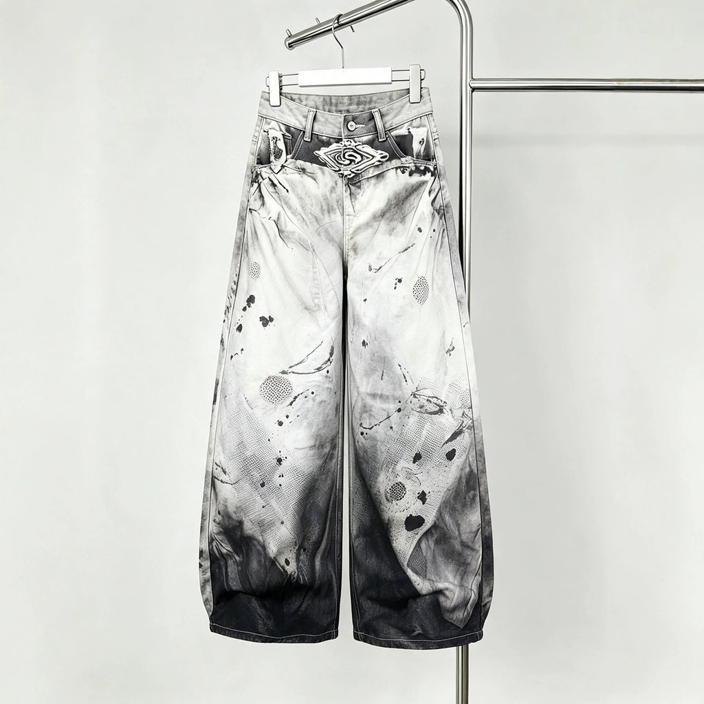 Ink-Splatter Wide-Leg Denim Pants