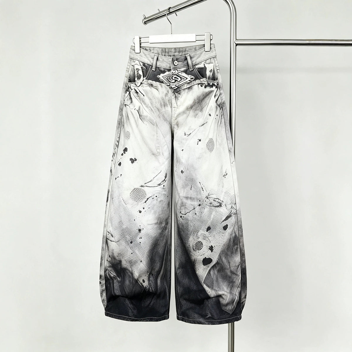 Ink-Splatter Wide-Leg Denim Pants