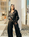 Curved-Hem Stitched Denim Pants