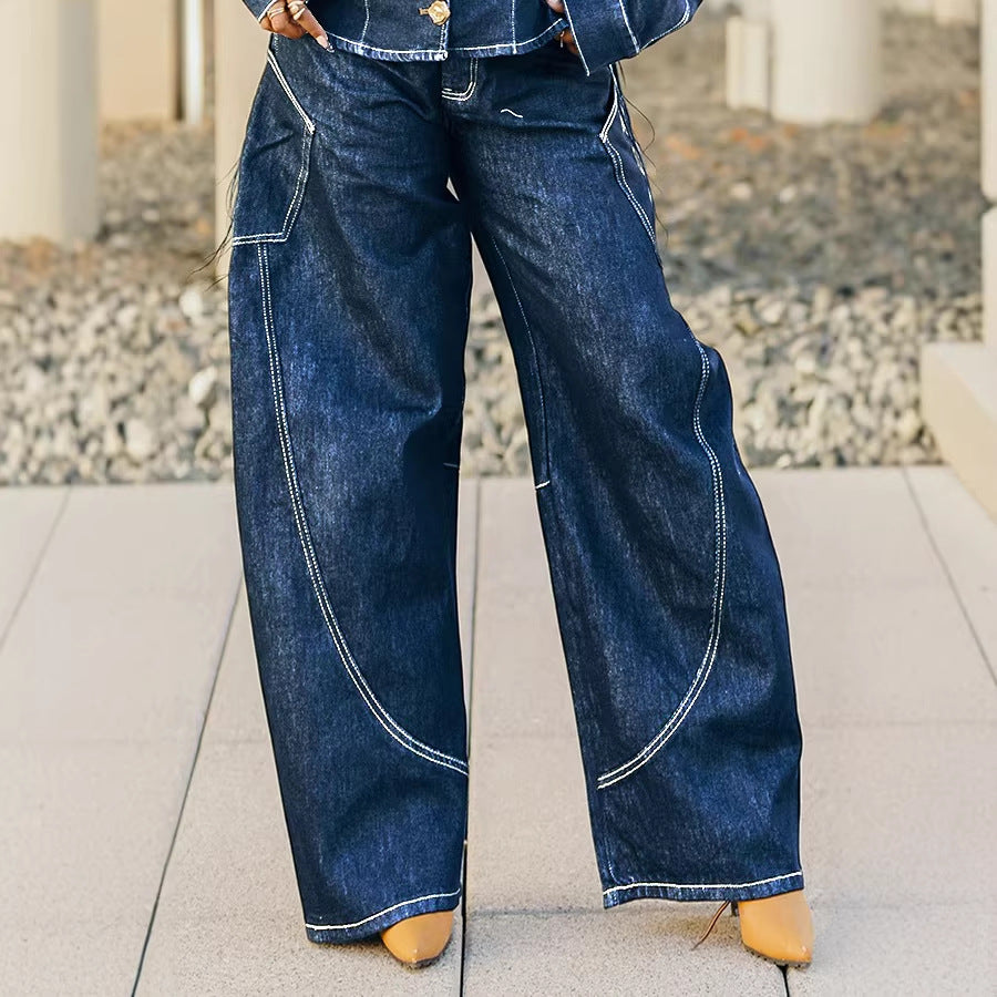 Curved-Hem Stitched Denim Pants