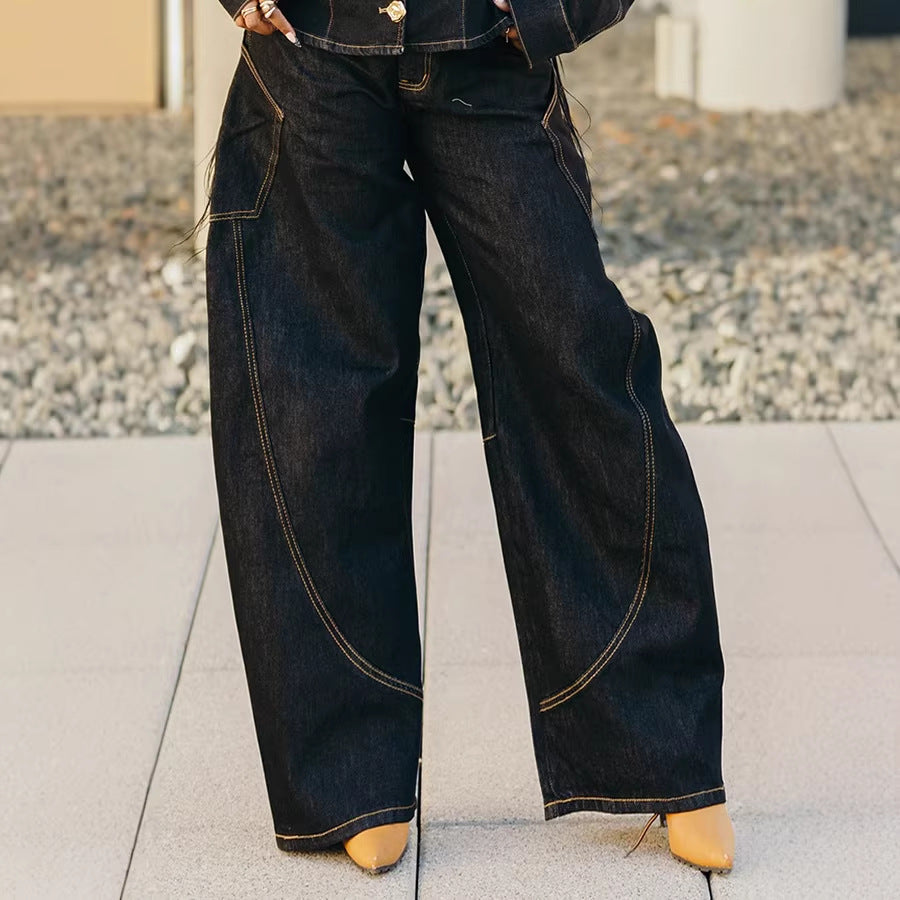 Curved-Hem Stitched Denim Pants