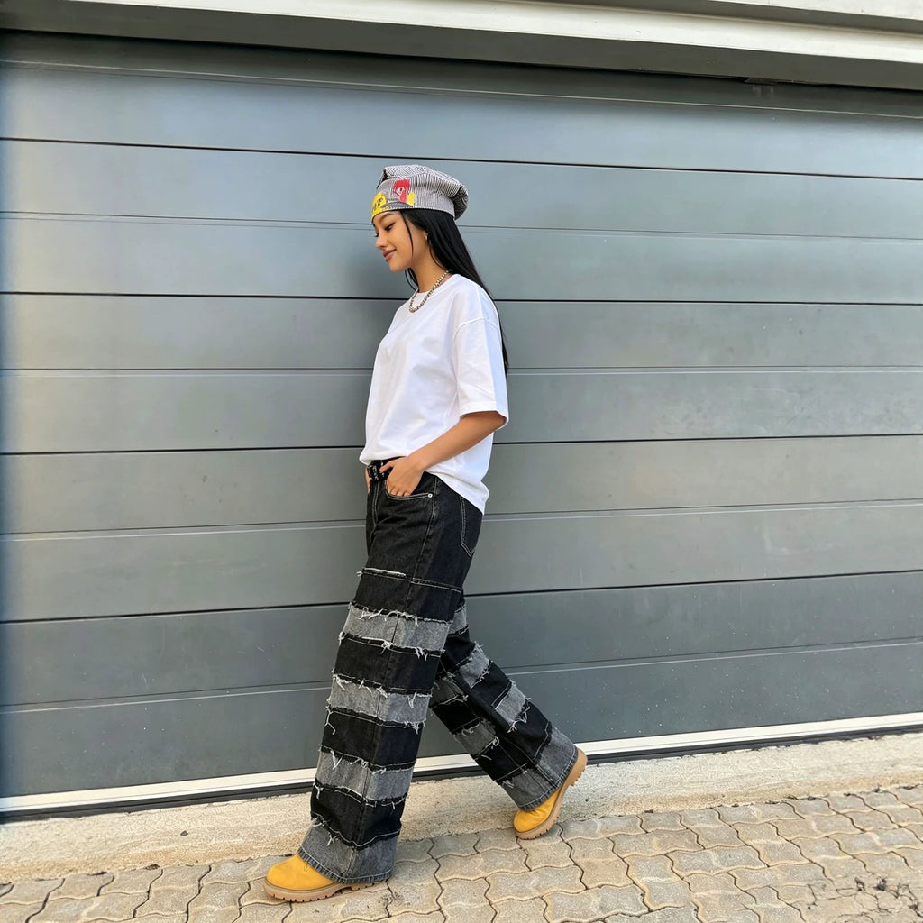 Deconstructed Patchwork Raw-Hem Jeans