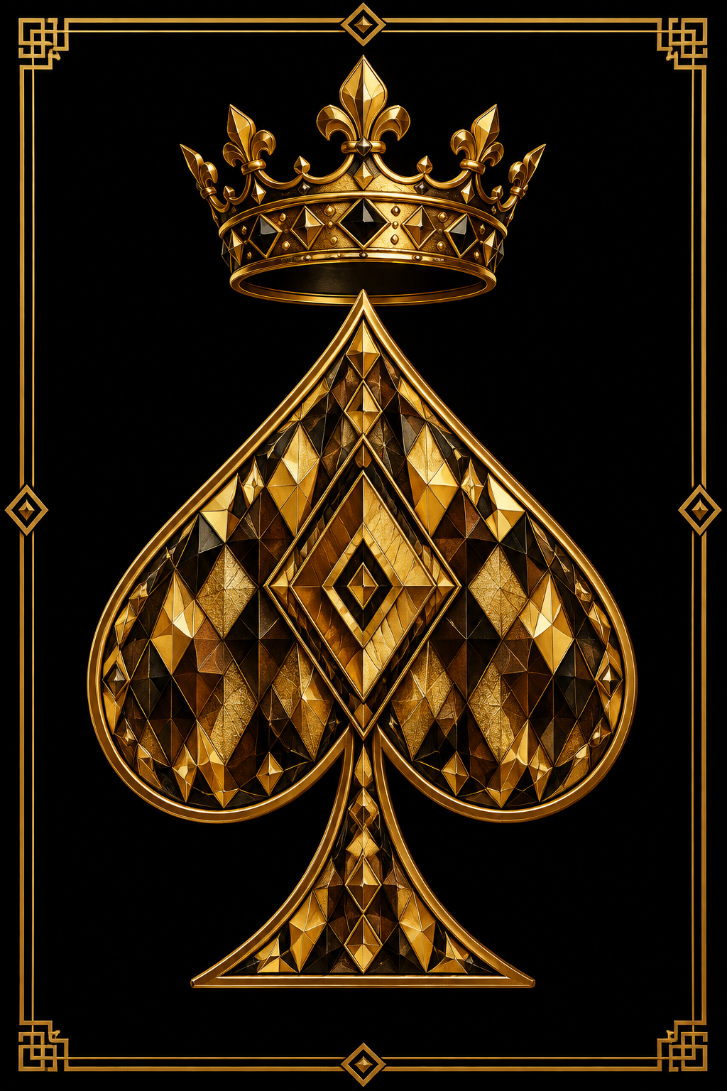 A stylized gold spade symbol topped with a crown, rendered in metallic gold tones on a black background with a thin decorative border.