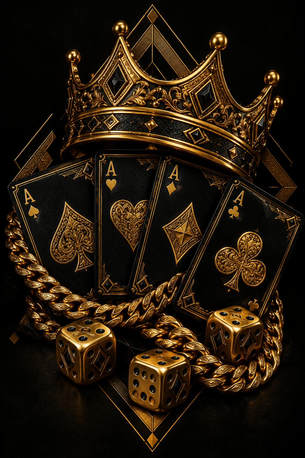 A luxurious arrangement of gold playing cards, a gold crown, thick gold chains, and gold dice on a black background.