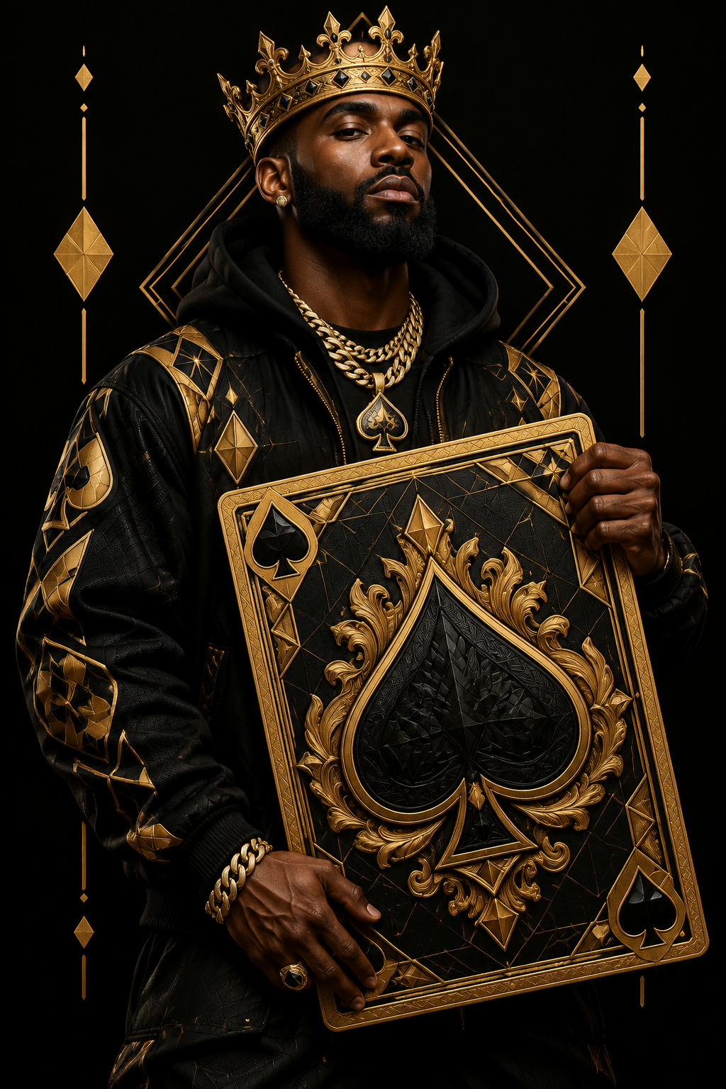 A man wearing a gold crown and a black hoodie with gold diamond patterns holds a large gold and black acespade playing card against a black background with gold decorative elements.