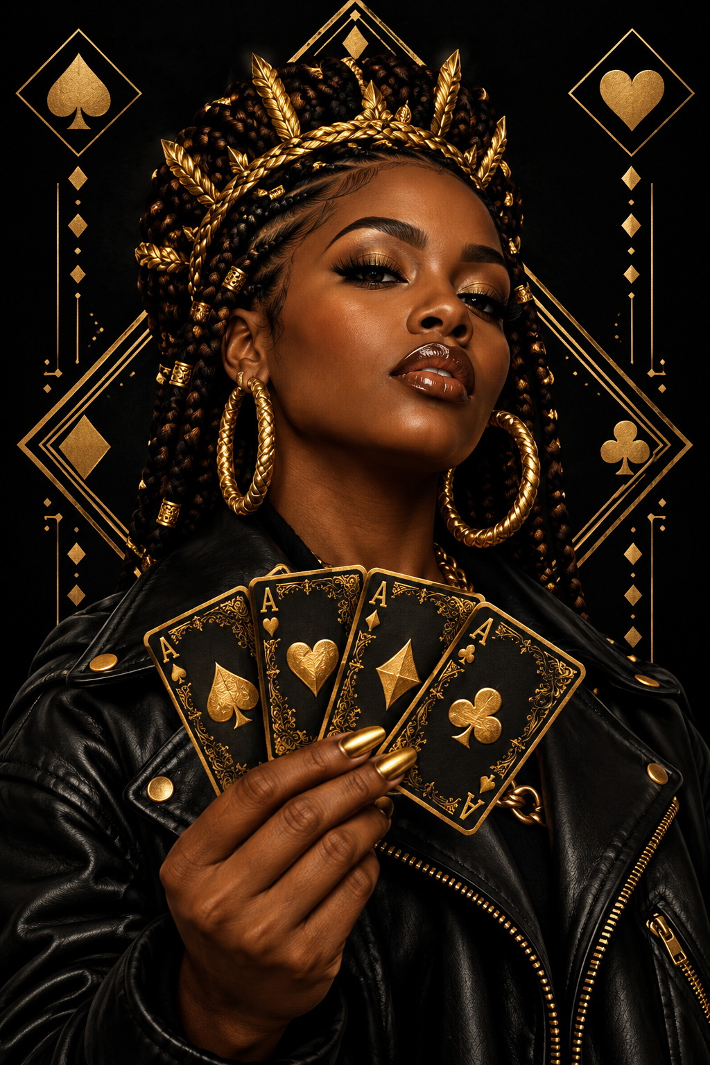 A woman in a black leather jacket and gold braided headpiece holds three playing cards with black and gold suits against a dark background with gold playing card design elements.