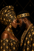 A couple in traditional African attire posing closely together. The woman wears a black and gold patterned off-the-shoulder top and matching headwrap with gold jewelry, and the man wears a matching black and gold patterned garment with a gold headband and layered gold necklaces.